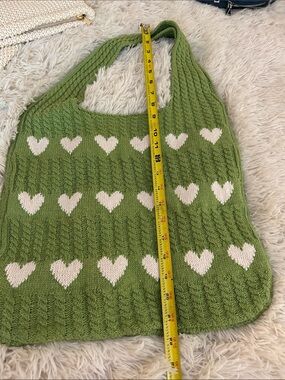 Green Knit Heart Pattern Shoulder Bag